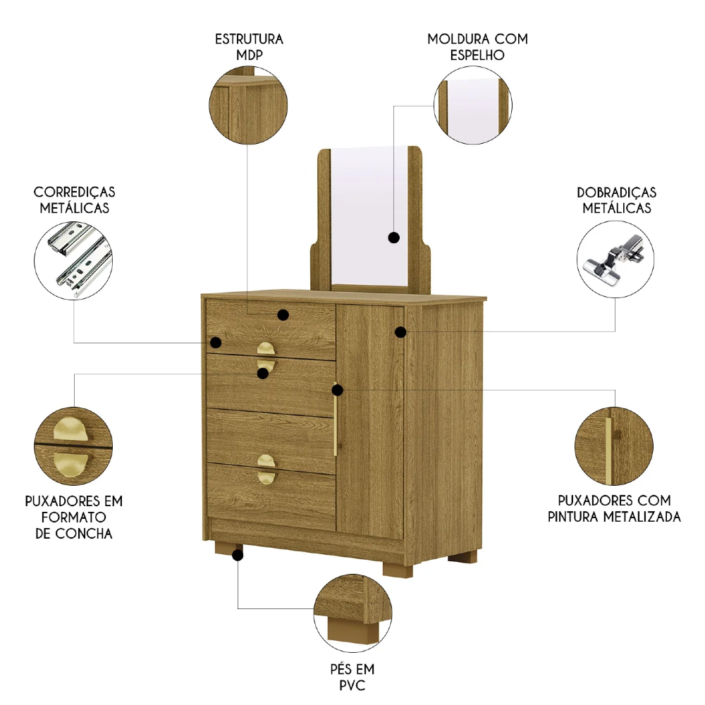 Cômoda Para Quarto 93cm Com Espelho Nara Nature V02 - Mpozenato