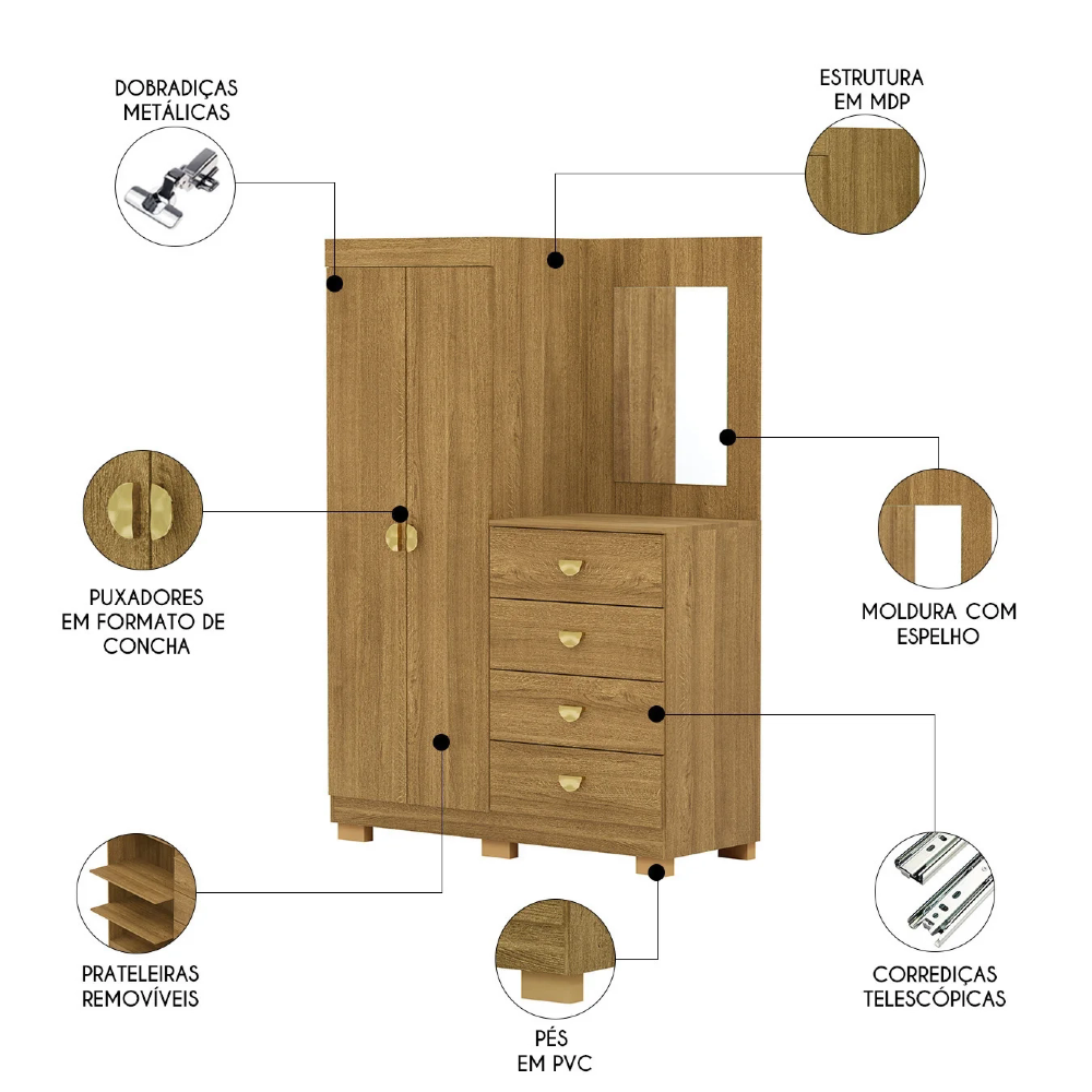 Guarda Roupa Cômoda Com Espelho 120cm Rita Nature V02 - Mpozenato