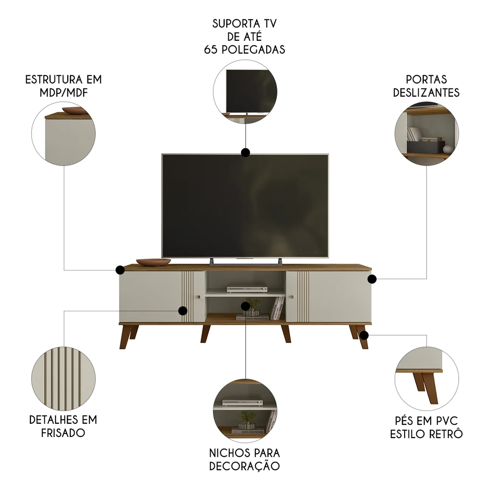Rack Bancada Para TV 65 Pol 160cm Sia Off/Nature Z49       - Mpozenato