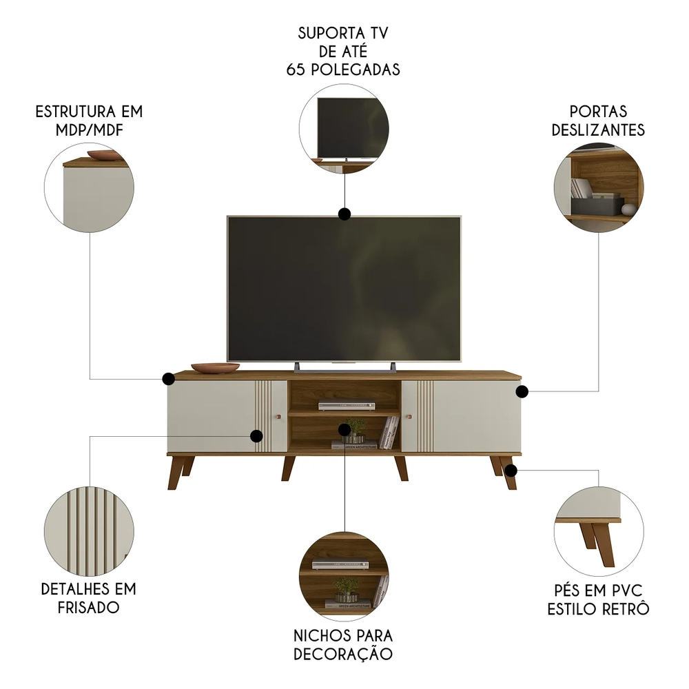 Rack Bancada Para TV 65 Pol 160cm Sia Nature/Off Z49       - Mpozenato