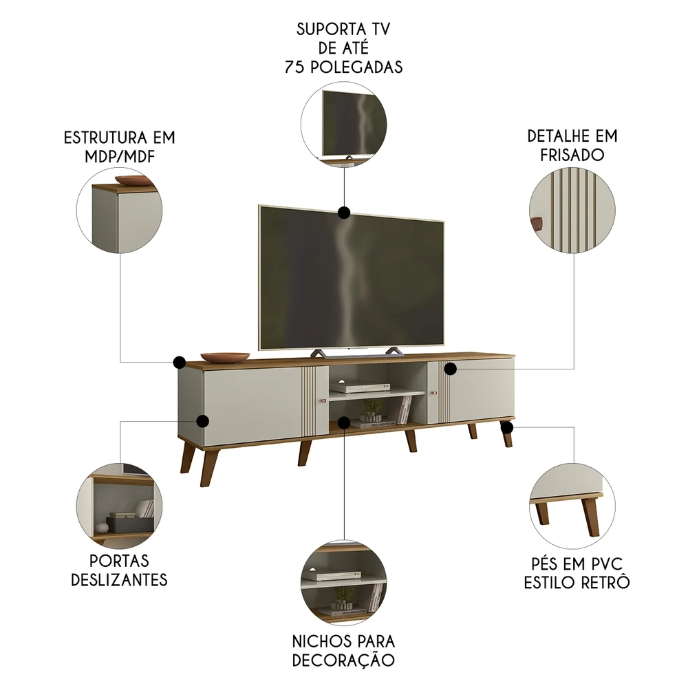 Rack Bancada Para TV 75 Pol 180cm Sia Off/Nature Z49       - Mpozenato