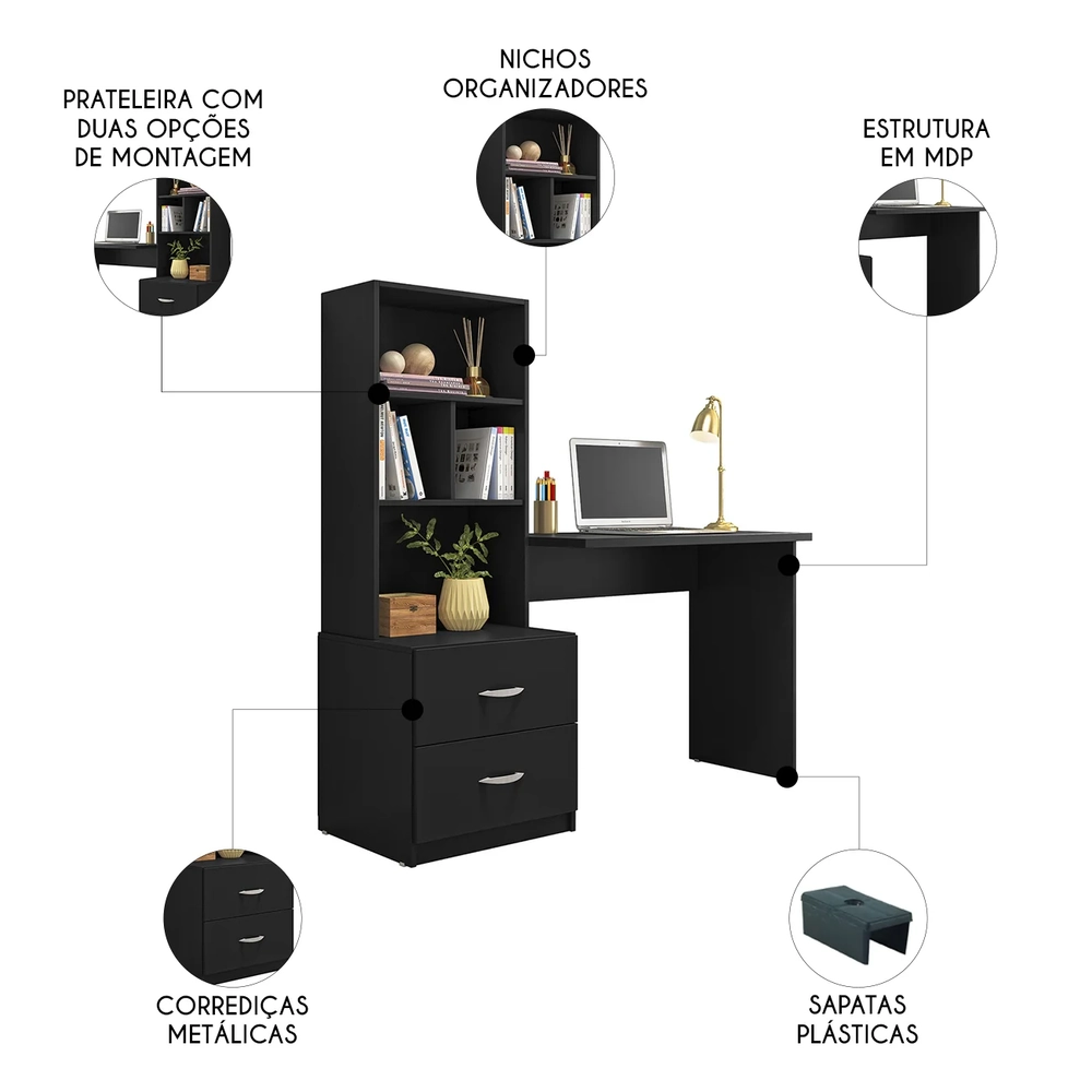 Mesa Escrivaninha Com Estante Livreiro 138cm Jay Preto Z49 - Mpozenato