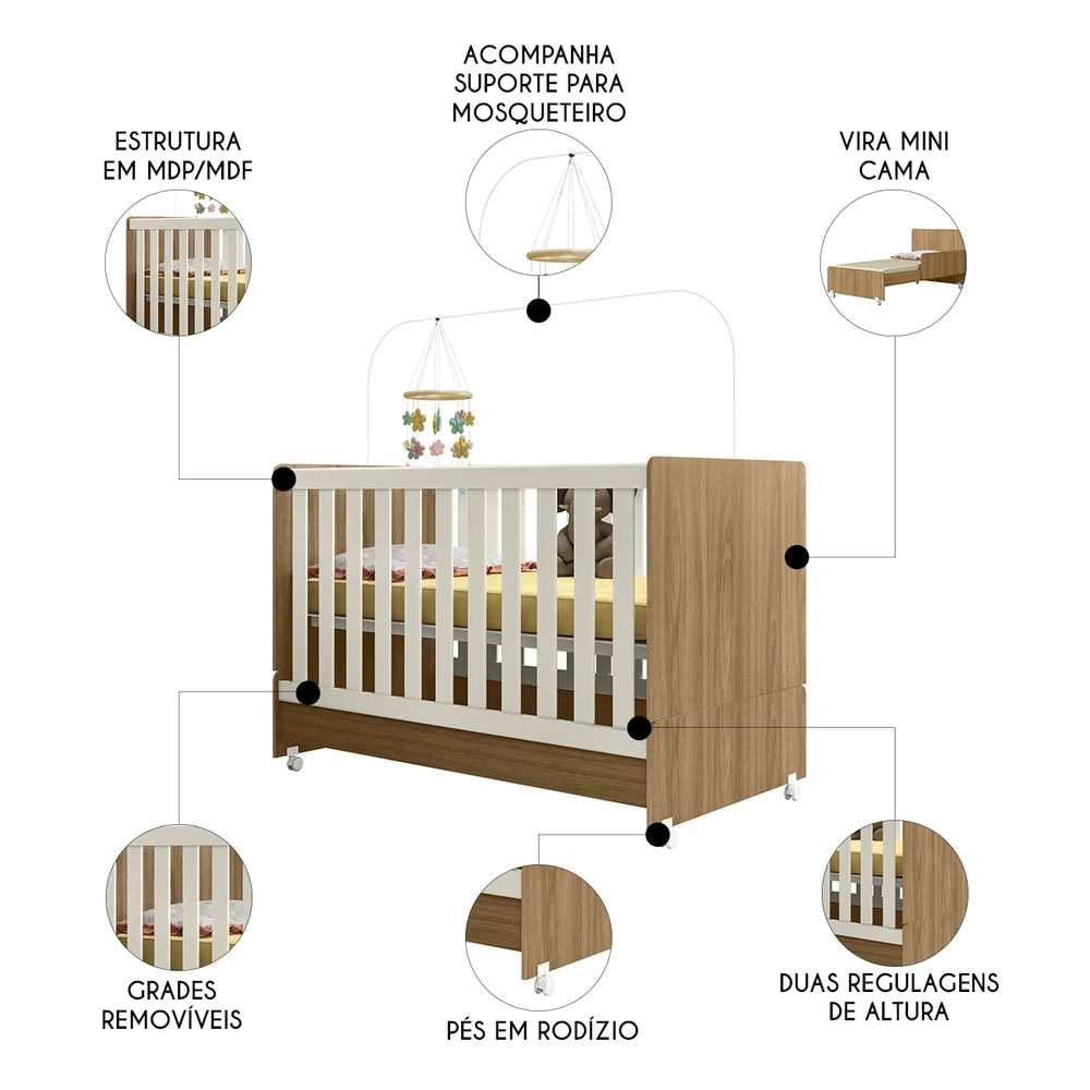 Berço Americano Mini Cama Com Rodízios Charme Nature/Off Z49 - Mpozenato