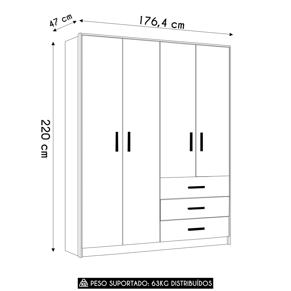 Guarda Roupa Infantil 176cm Com 4 Portas Nelly Branco Z49  - Mpozenato