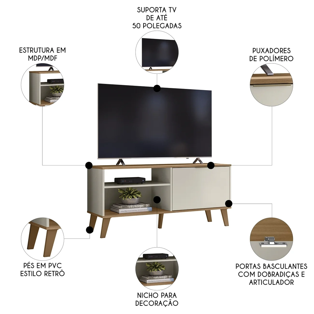 Rack Bancada Para TV 50 Pol 115cm Roby Off/Nature Z49      - Mpozenato