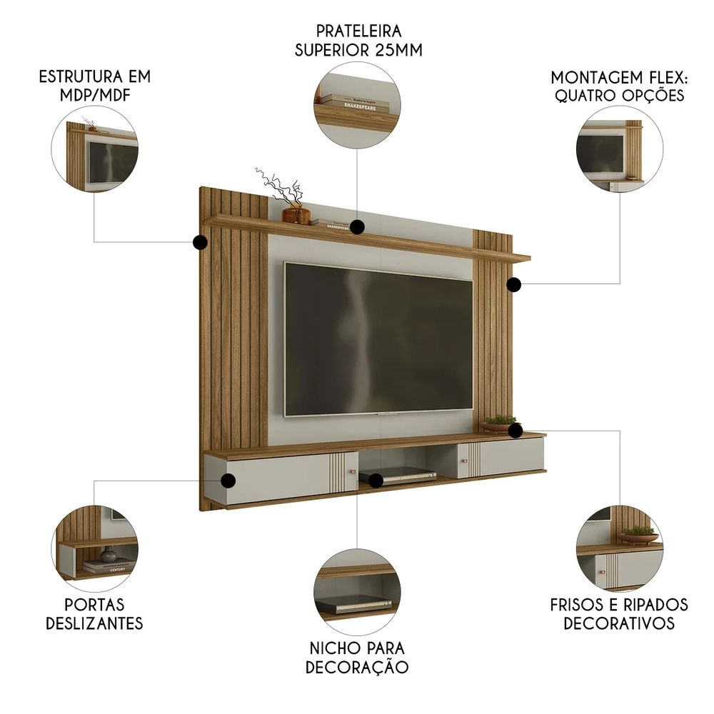 Painel TV 70 Pol e Bancada Suspensa 180cm Yany Off/Nature Z49 - Mpozenato