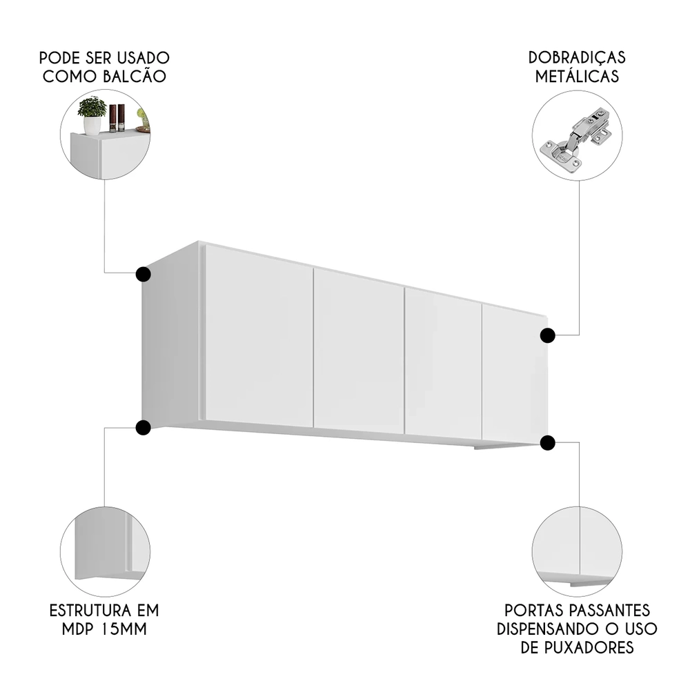 Armário de Cozinha Aéreo 118cm 4 Portas Monna Branco Z34    - Mpozenato