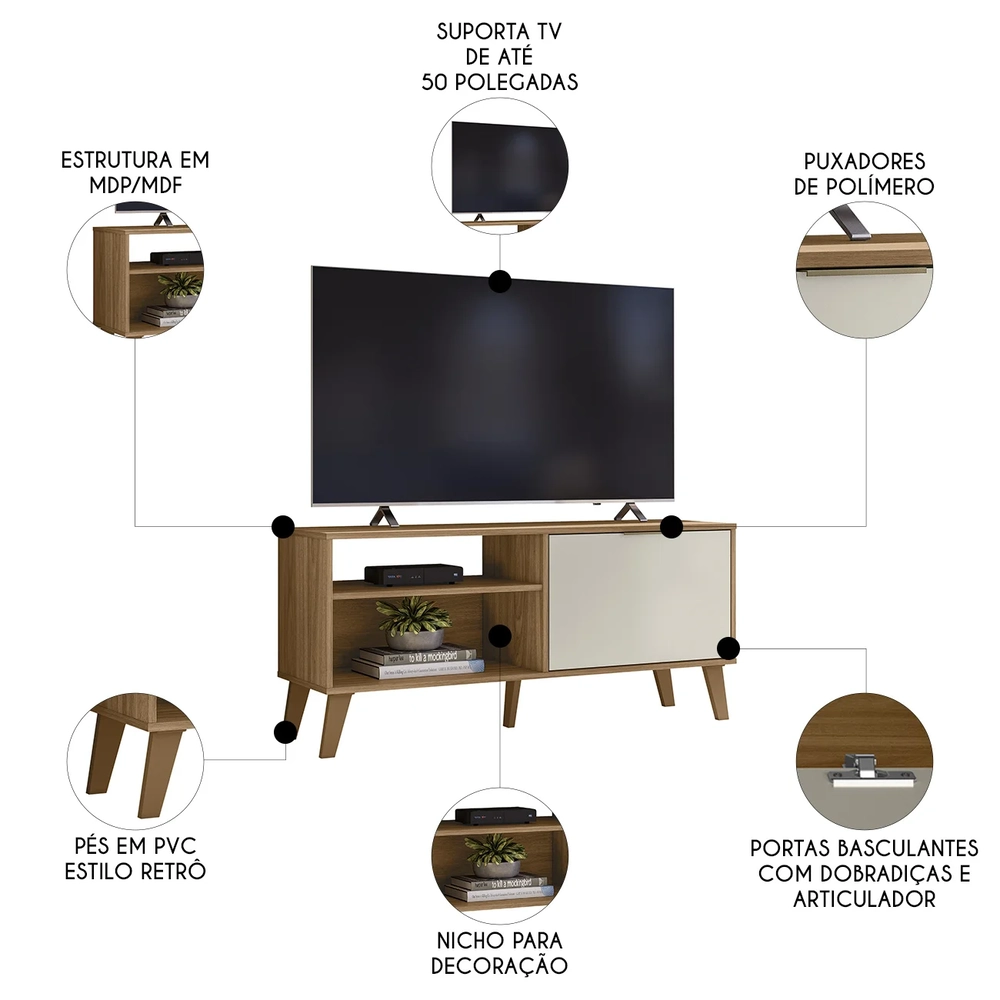 Rack Bancada Para TV 50 Pol 115cm Roby Nature/Off Z49      - Mpozenato