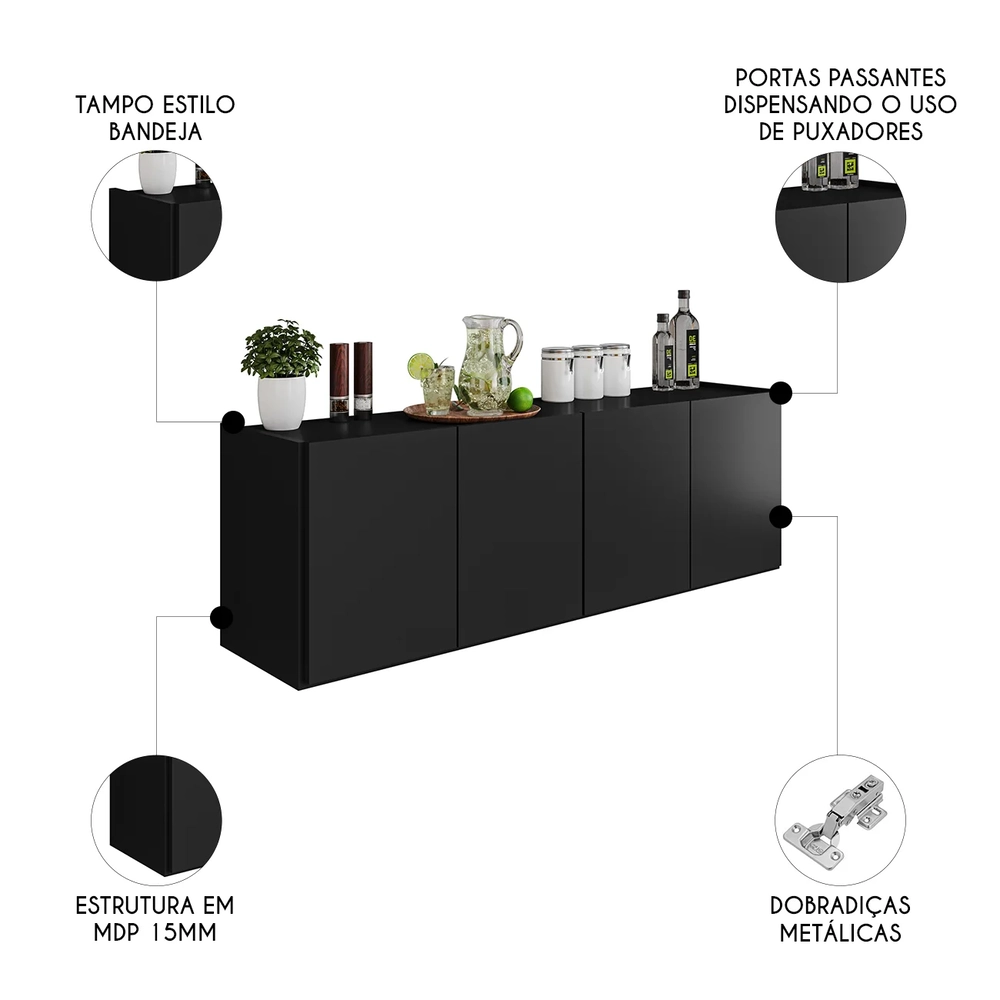 Balcão de Cozinha Suspenso 118cm 4 Portas Monna Preto Z34   - Mpozenato