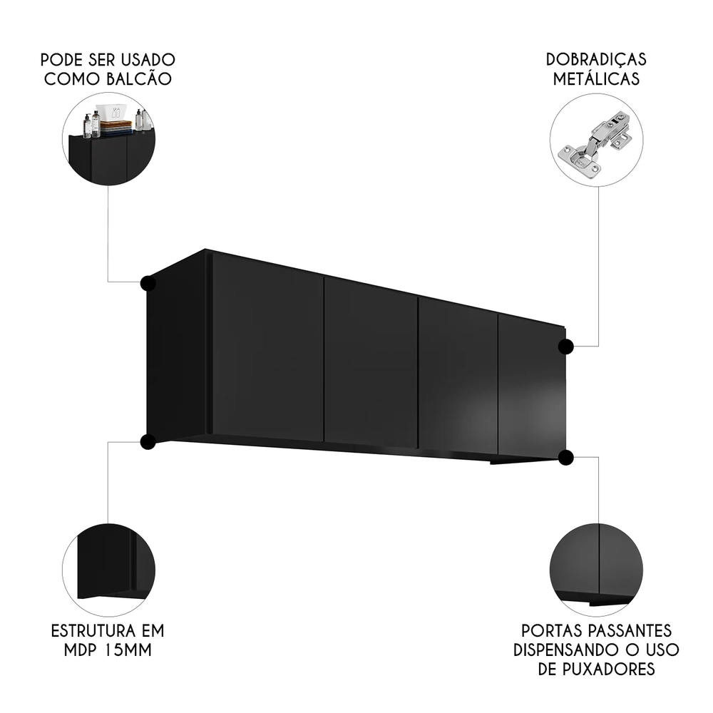 Armário Aéreo Multiuso Lavanderia 118cm Monna Preto Z34     - Mpozenato