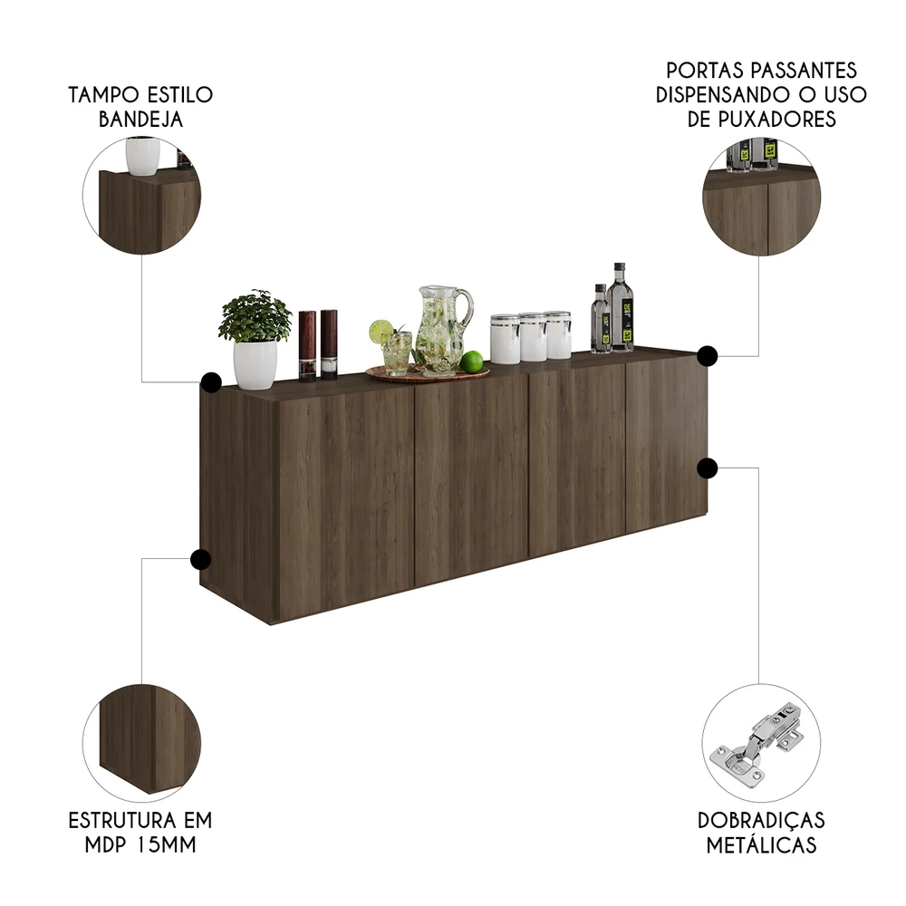 Balcão de Cozinha Suspenso 118cm 4 Portas Monna Freijó Z34 - Mpozenato
