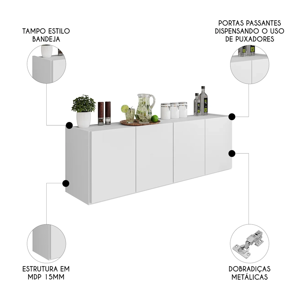 Balcão de Cozinha Suspenso 118cm 4 Portas Monna Branco Z34  - Mpozenato
