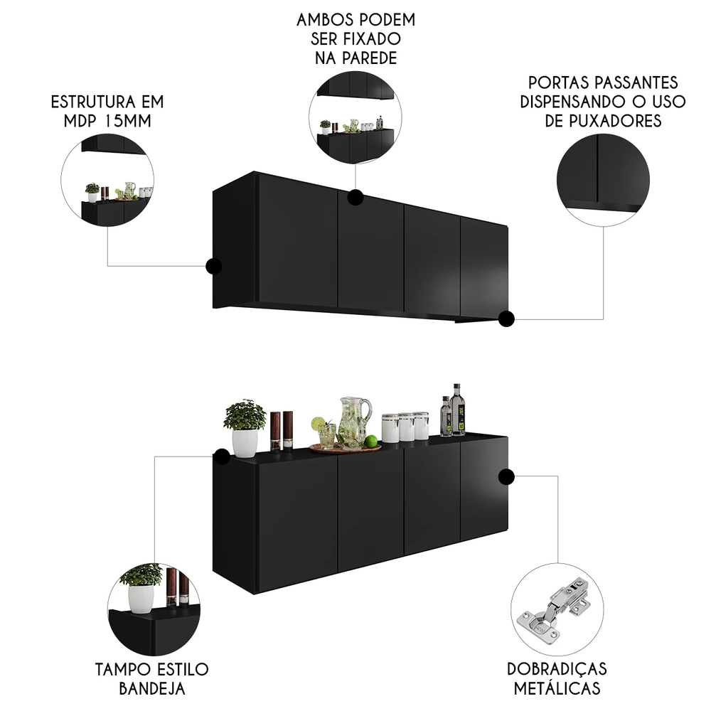 Armário de Cozinha e Balcão Suspenso 118cm Monna Preto Z34  - Mpozenato