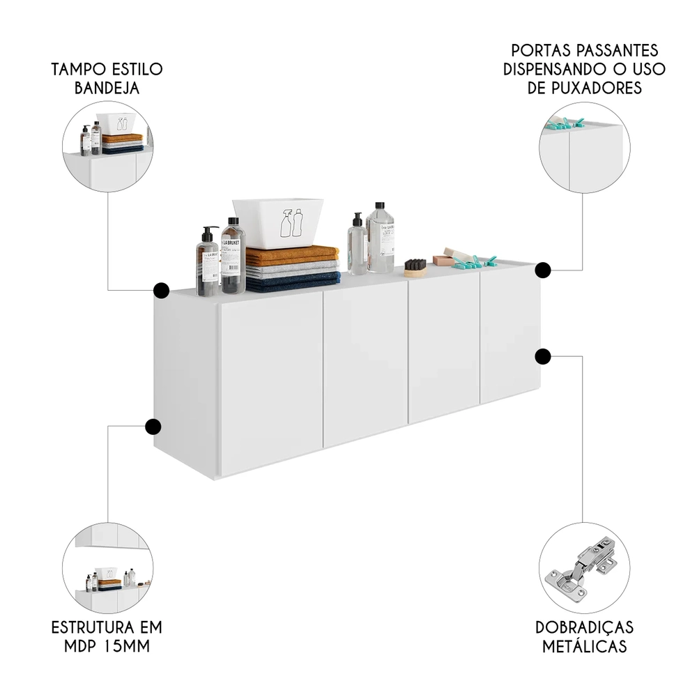 Balcão Suspenso Multiuso Lavanderia 118cm Monna Branco Z34  - Mpozenato