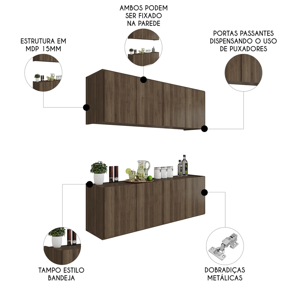 Armário de Cozinha e Balcão Suspenso 118cm Monna Freijó Z34 - Mpozenato