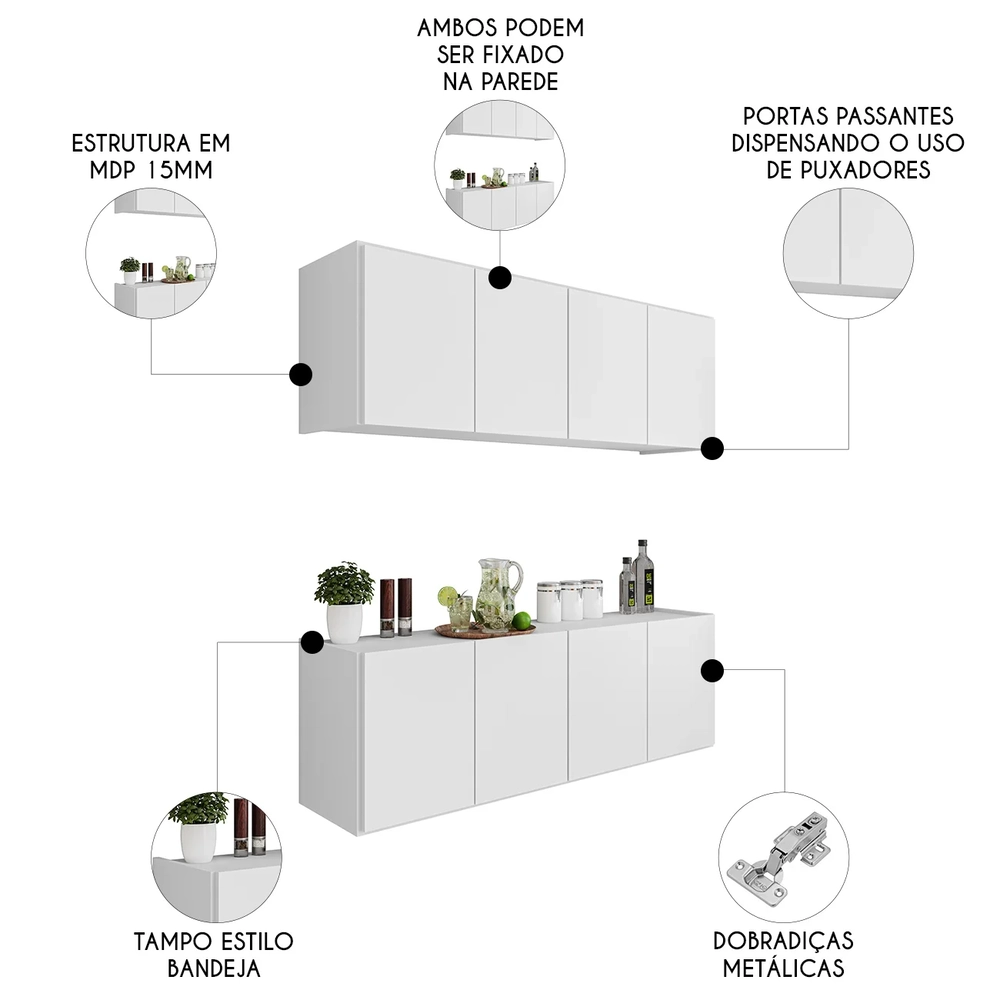 Armário de Cozinha e Balcão Suspenso 118cm Monna Branco Z34 - Mpozenato