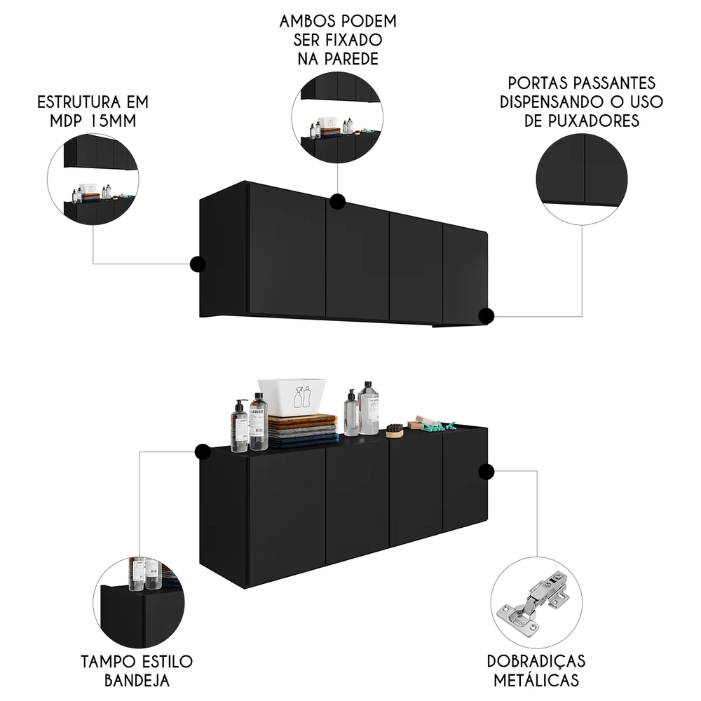 Armário Aéreo e Balcão Para Lavanderia 118cm Monna Preto Z34 - Mpozenato