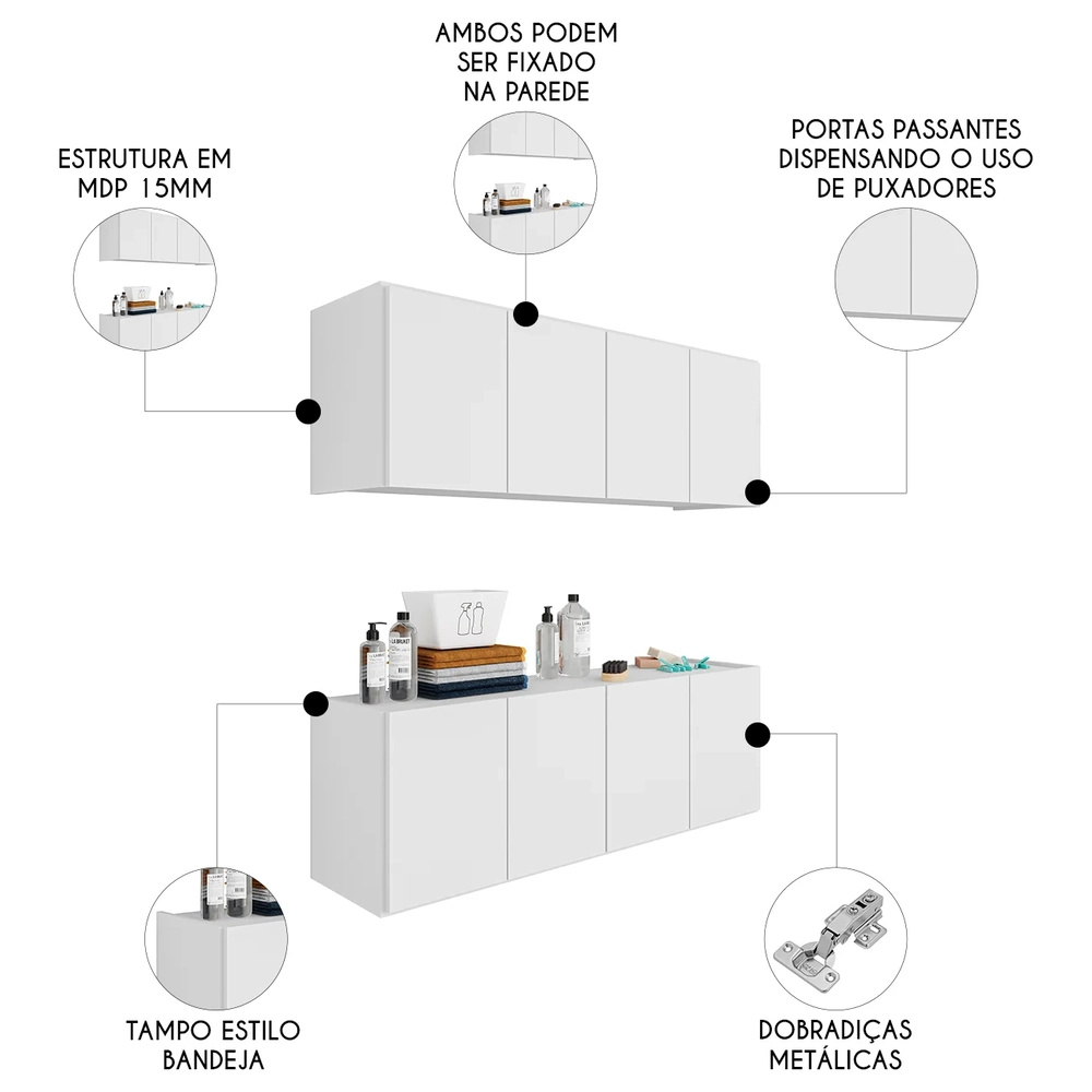 Armário Aéreo e Balcão Para Lavanderia 118cm Monna Branco Z34 - Mpozenato