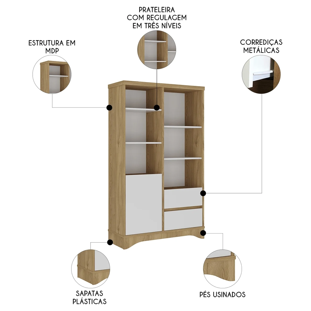 Estante Livreiro Multiuso Com Prateleiras Dante Olmo/Branco A06 - Mpozenato