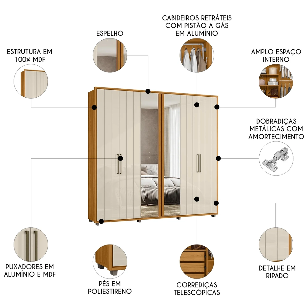 Guarda Roupa Casal 250cm Com Espelho Vibe Off/Cinamomo Z10  - Mpozenato