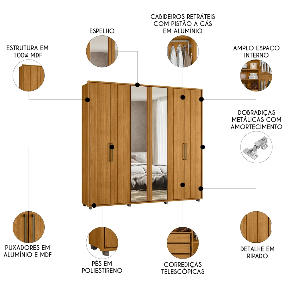 Guarda Roupa Casal 250cm Com Espelho Vibe Cinamomo Z10      - Mpozenato