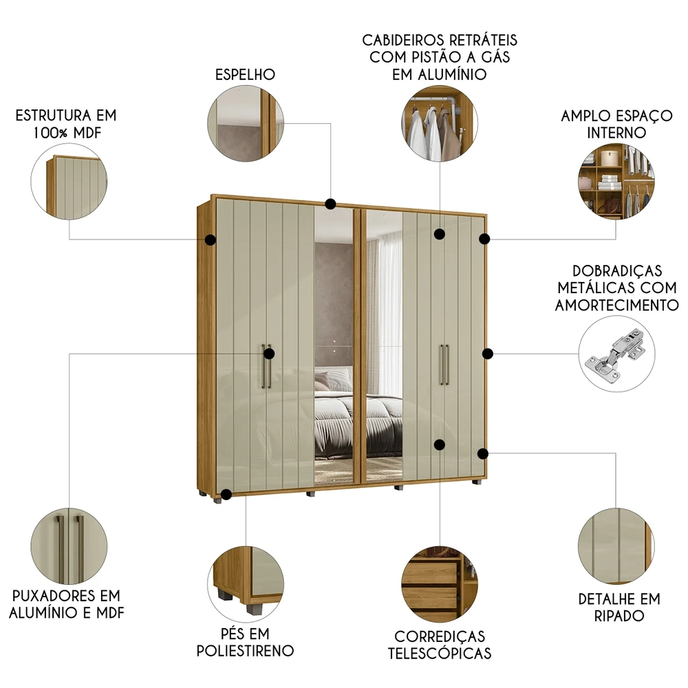 Guarda Roupa Casal 250cm Com Espelho Vibe Opala/Cumaru Z10  - Mpozenato