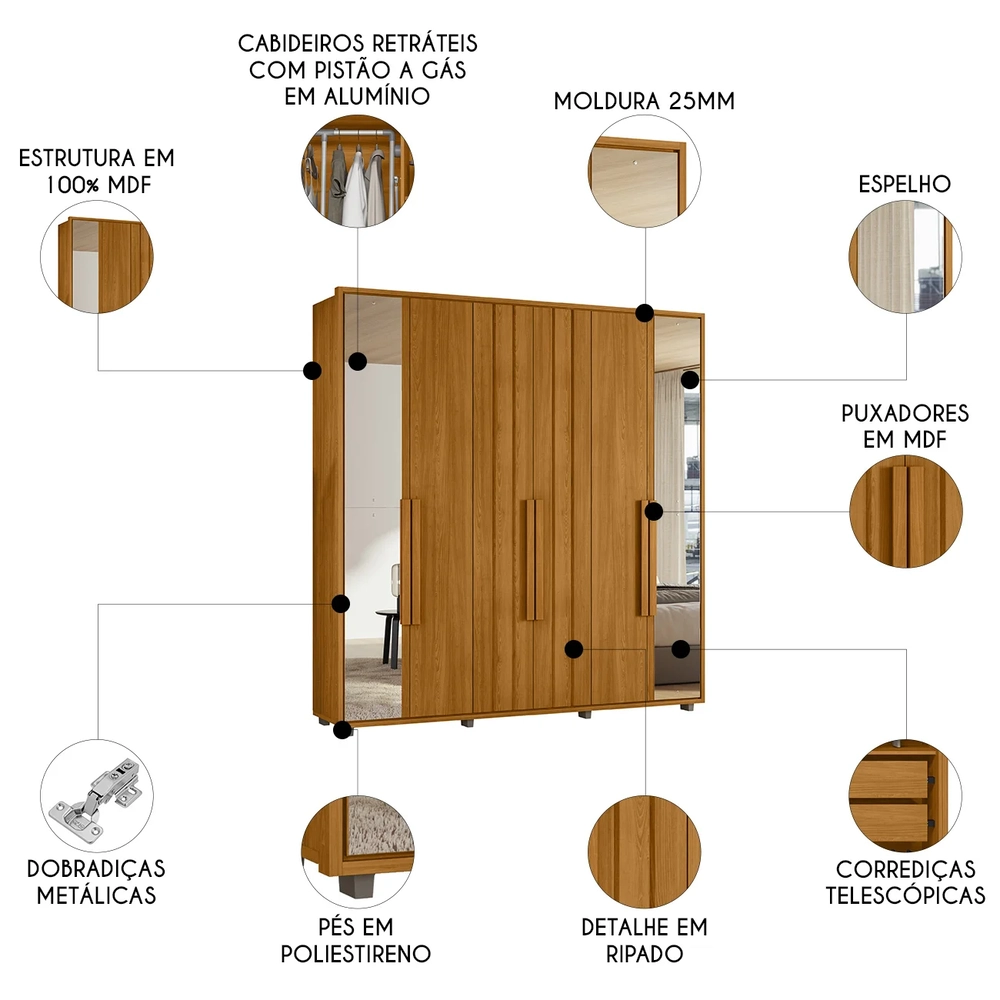 Guarda Roupa Casal 230cm Com Espelho Barok Cinamomo Z10     - Mpozenato