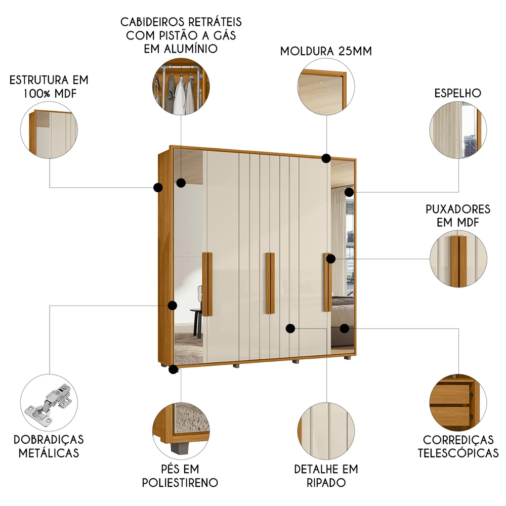 Guarda Roupa Casal 230cm Com Espelho Barok Off/Cinamomo Z10 - Mpozenato