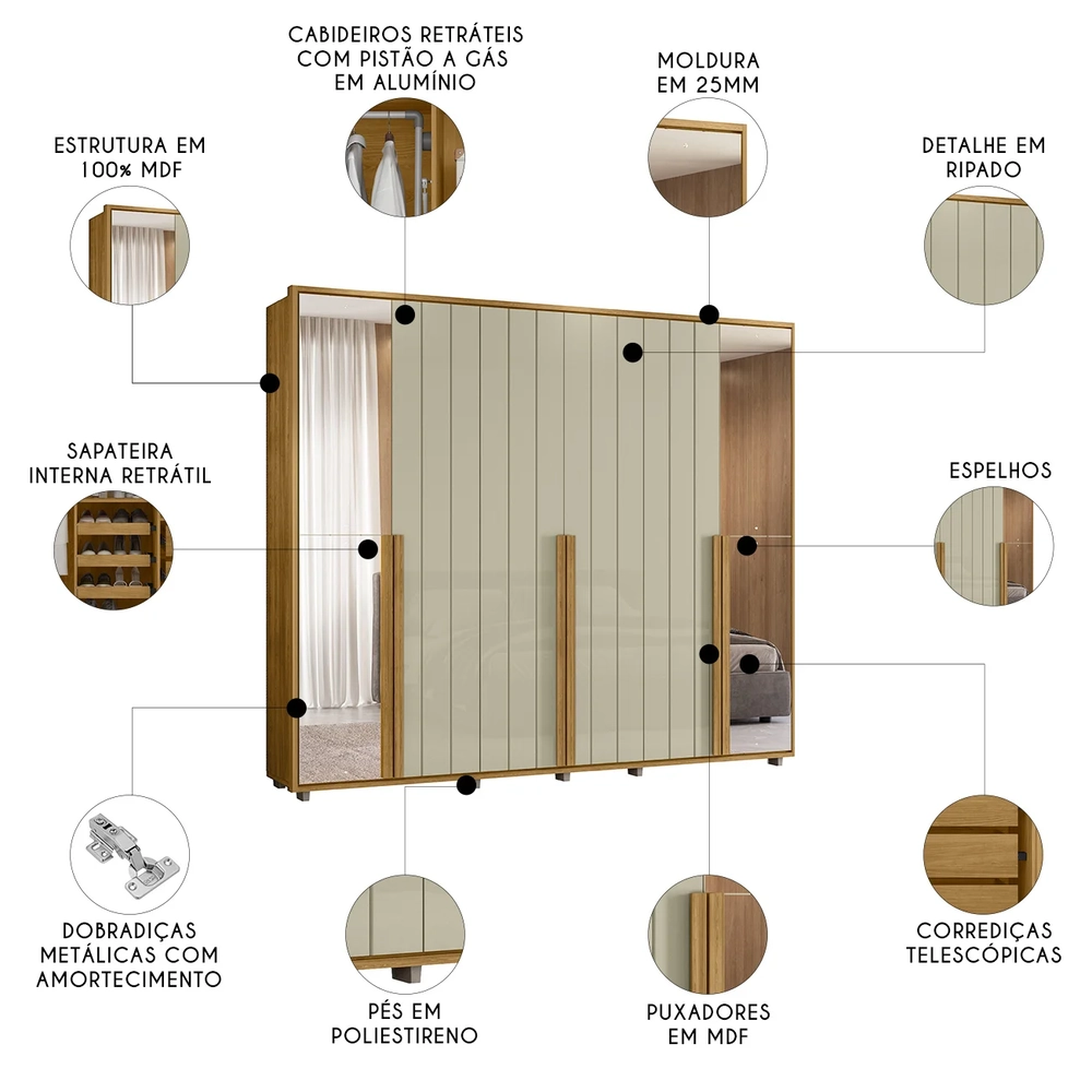 Guarda Roupa Casal 278cm 6 Portas 4 Espelhos Zac Opala/Cumaru Z10 - Mpozenato