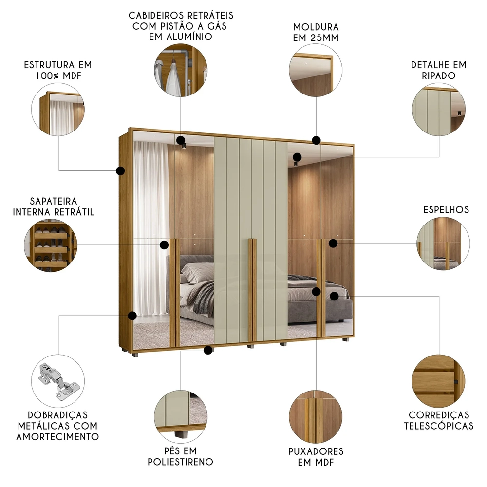 Guarda Roupa Casal 278cm 6 Portas 8 Espelhos Zac Opala/Cumaru Z10 - Mpozenato