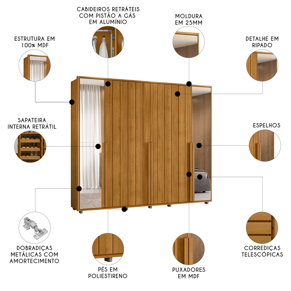 Guarda Roupa Casal 278cm 6 Portas 4 Espelhos Zac Cinamomo Z10 - Mpozenato