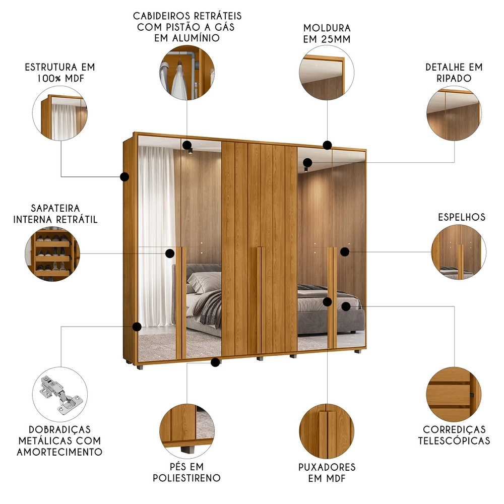 Guarda Roupa Casal 278cm 6 Portas 8 Espelhos Zac Cinamomo Z10 - Mpozenato