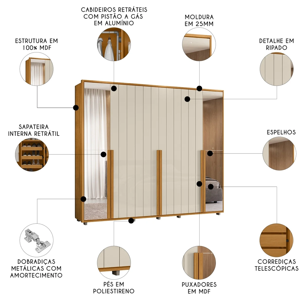 Guarda Roupa Casal 278cm 6 Portas 4 Espelhos Zac Off/Cinamomo Z10 - Mpozenato