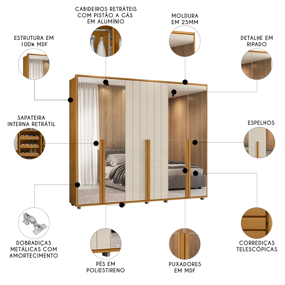 Guarda Roupa Casal 278cm 6 Portas 8 Espelhos Zac Off/Cinamomo Z10 - Mpozenato