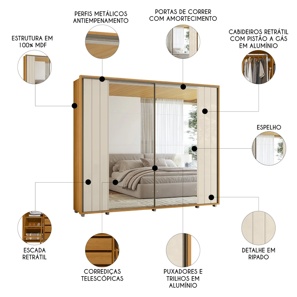 Guarda Roupa Casal 278cm 2 Portas 8 Espelhos Mya Off/Cinamomo Z10 - Mpozenato