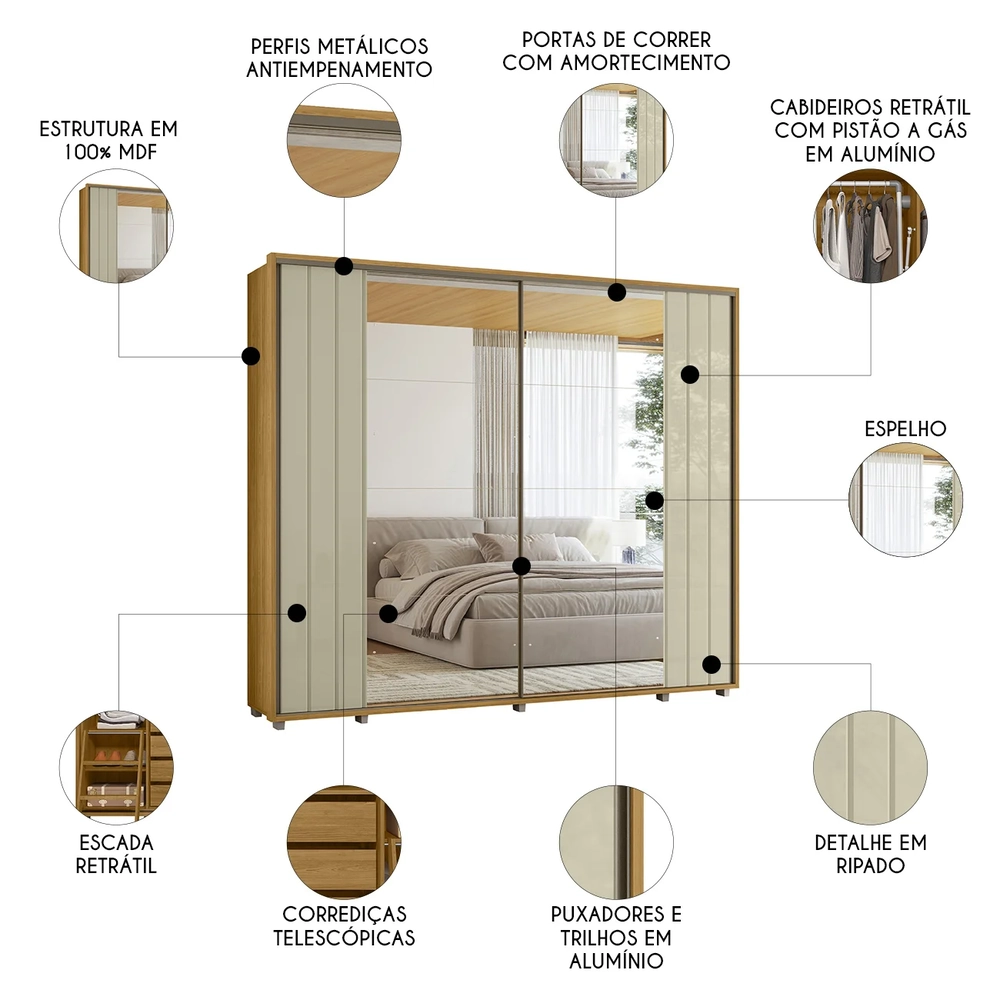 Guarda Roupa Casal 278cm 2 Portas 8 Espelhos Mya Opala/Cumaru Z10 - Mpozenato