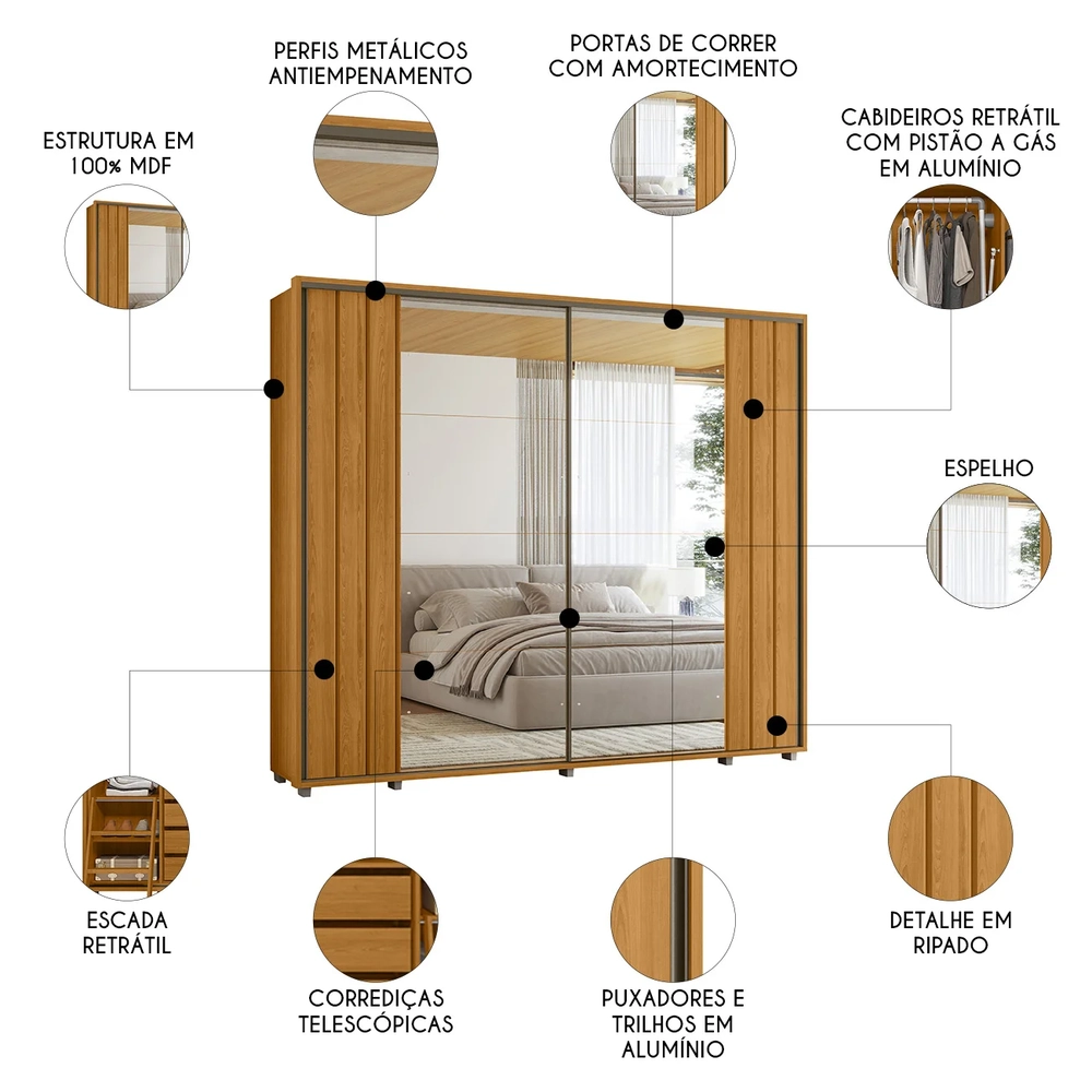 Guarda Roupa Casal 278cm 2 Portas 8 Espelhos Mya Cinamomo Z10 - Mpozenato