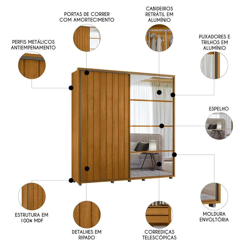 Guarda Roupa Casal 230cm Com Espelho Verbena Cinamomo Z10   - Mpozenato