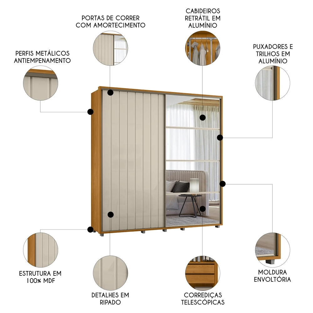 Guarda Roupa Casal 230cm Com Espelho Verbena Off/Cinamomo Z10 - Mpozenato