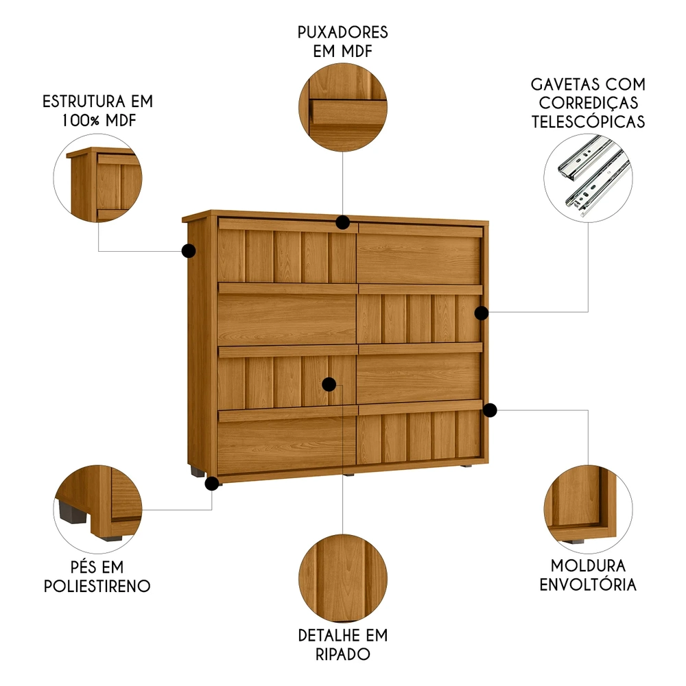 Cômoda Para Quarto Com 8 Gavetas 136cm Avila Cinamomo Z10   - Mpozenato
