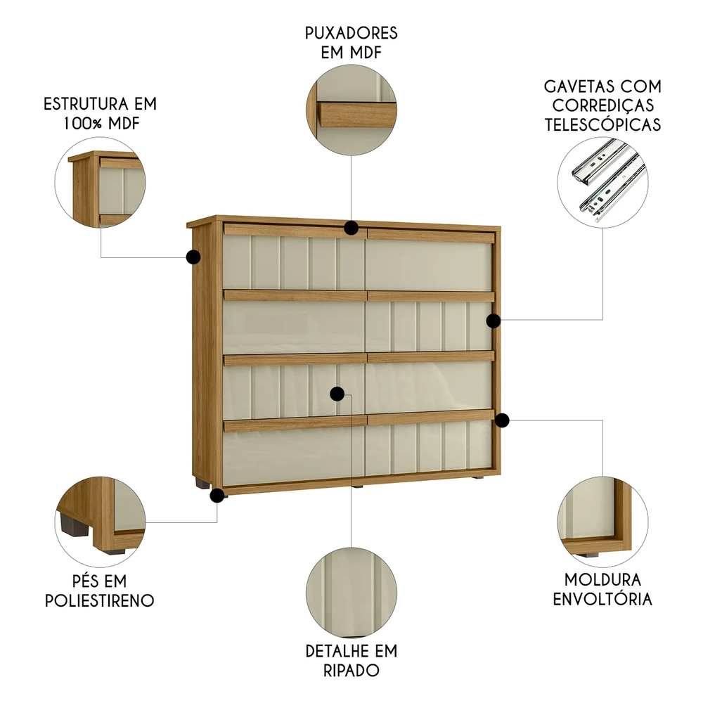 Cômoda Para Quarto Com 8 Gavetas 136cm Avila Opala/Cumaru Z10 - Mpozenato