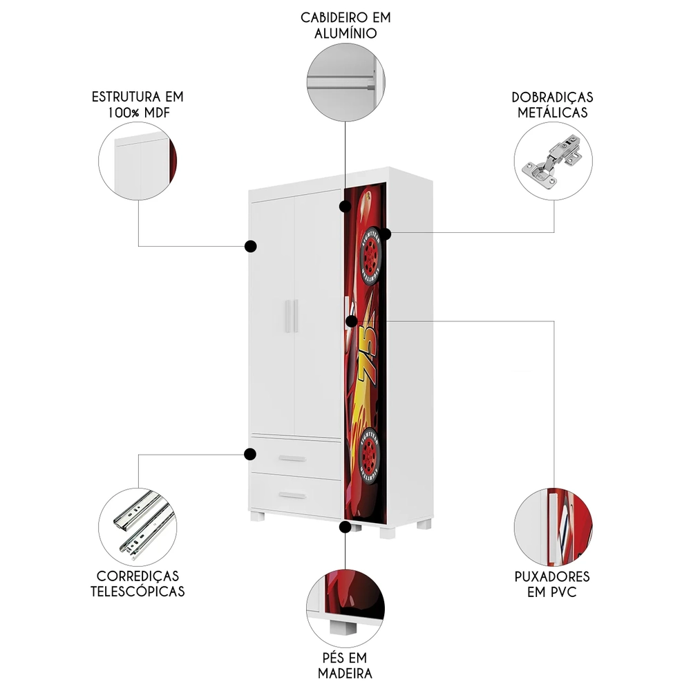 Guarda Roupa Infantil 89cm Com 3 Portas Carro Vermelho Z53  - Mpozenato