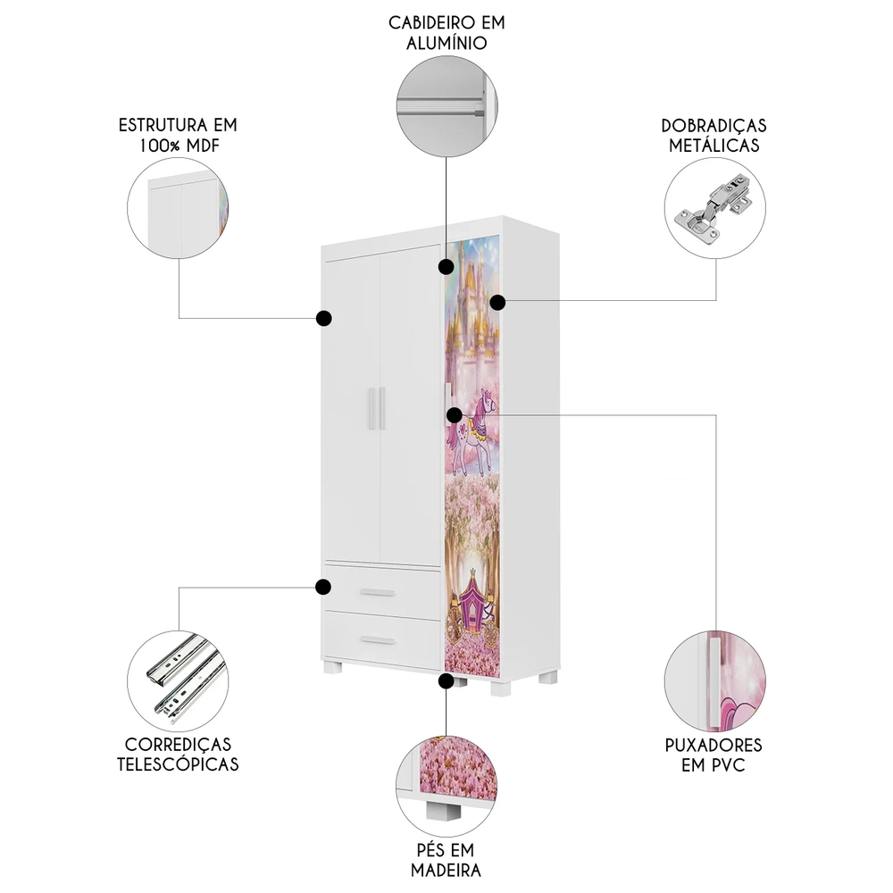 Guarda Roupa Infantil 89cm Com 3 Portas Carruagem Rosa Z53  - Mpozenato