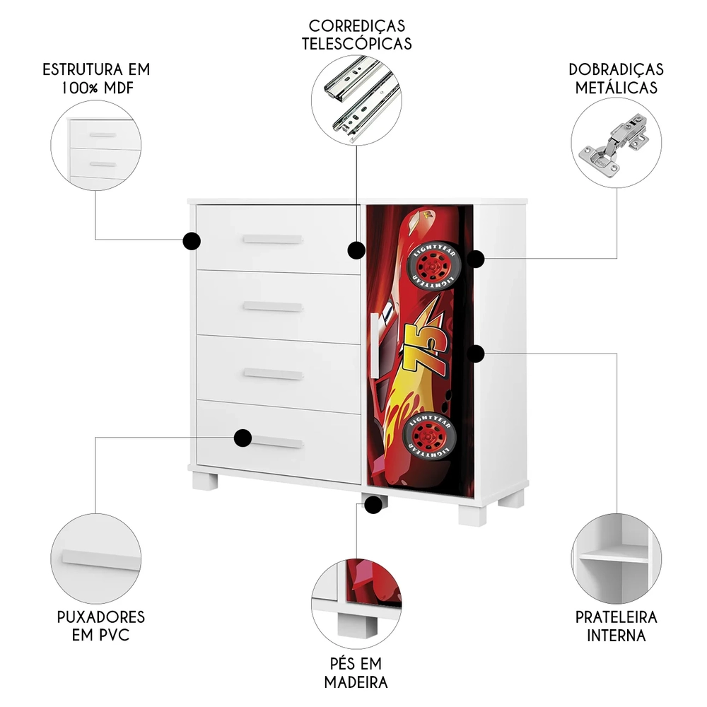 Cômoda Infantil Para Quarto 80cm 4 Gavetas Carro Vermelho Z53 - Mpozenato