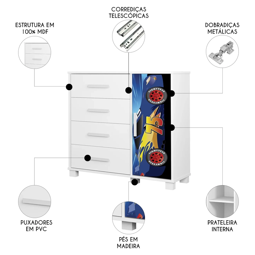 Cômoda Infantil Para Quarto 80cm 4 Gavetas Carro Azul Z53   - Mpozenato