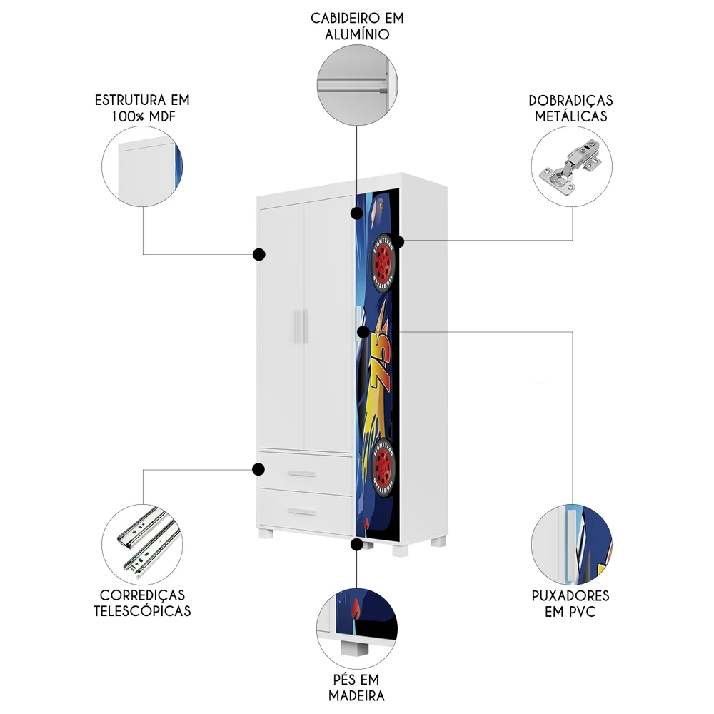 Guarda Roupa Infantil 89cm Com 3 Portas Carro Azul Z53      - Mpozenato