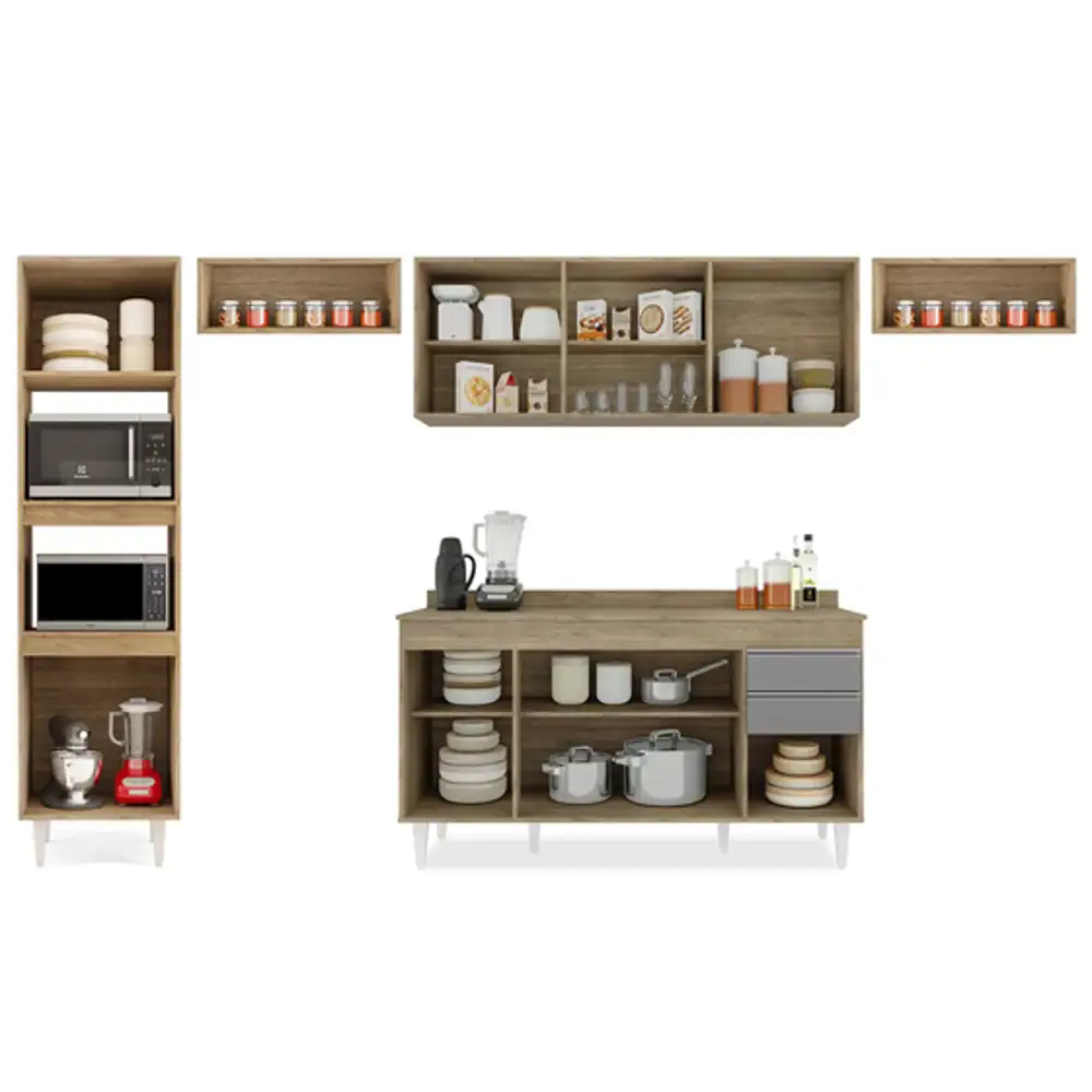 Armário de Cozinha Modulada 5 Peças CP14 Balcão com Tampo Castanho/Cinza - Lumil