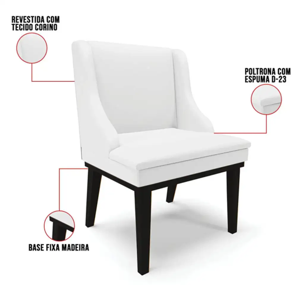 Kit  8 Cadeiras Estofadas Sala de Jantar Base Fixa de Madeira Preto Lia Sintético Branco - Ibiza