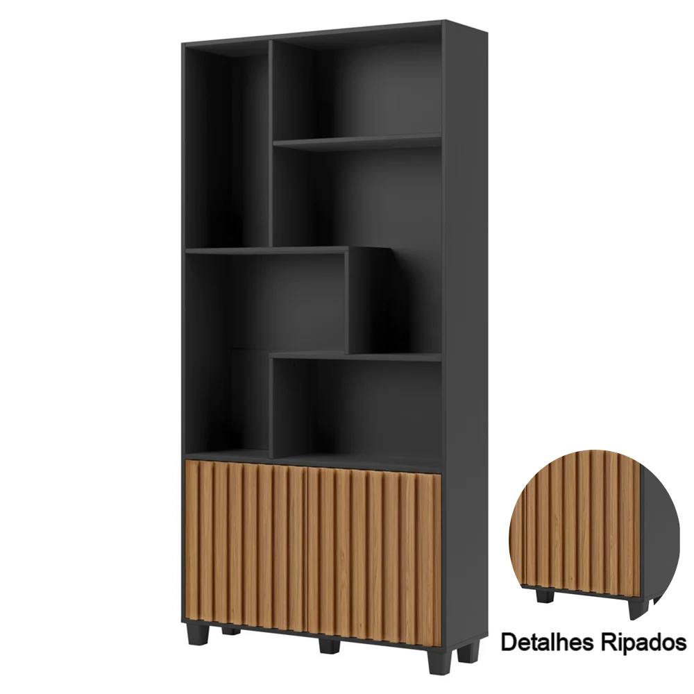 Estante Livreiro 2 Portas Ripadas Nessie D01 Preto Fosco/Freijó - Mpozenato