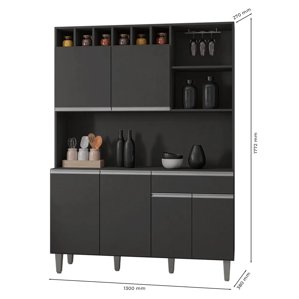 Kit Cozinha Compacta 130cm Com 6 Portas 1 Gaveta  Alice Cinza Escuro - AJL Móveis